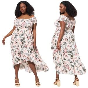 Torrid Dress Womens 2X Pink Tropical Palm Trees Floral Midi Ruffle Smocked NEW